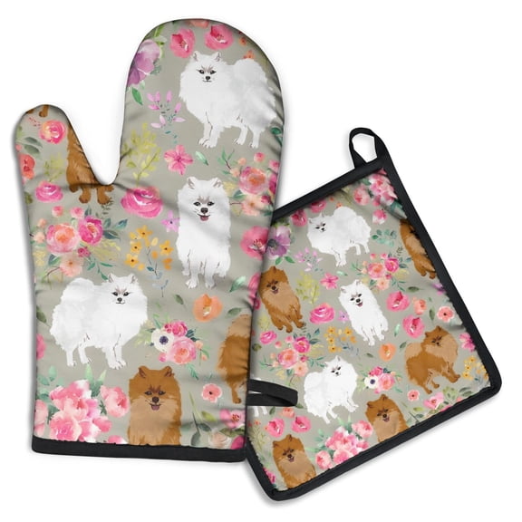 Pomeranian Dog and Flower Floral Kitchen Oven Mitt and Pot Holder Sets 2 Pcs for Baking, Cooking and Grilling, Heat Resistant Up To 392 °F