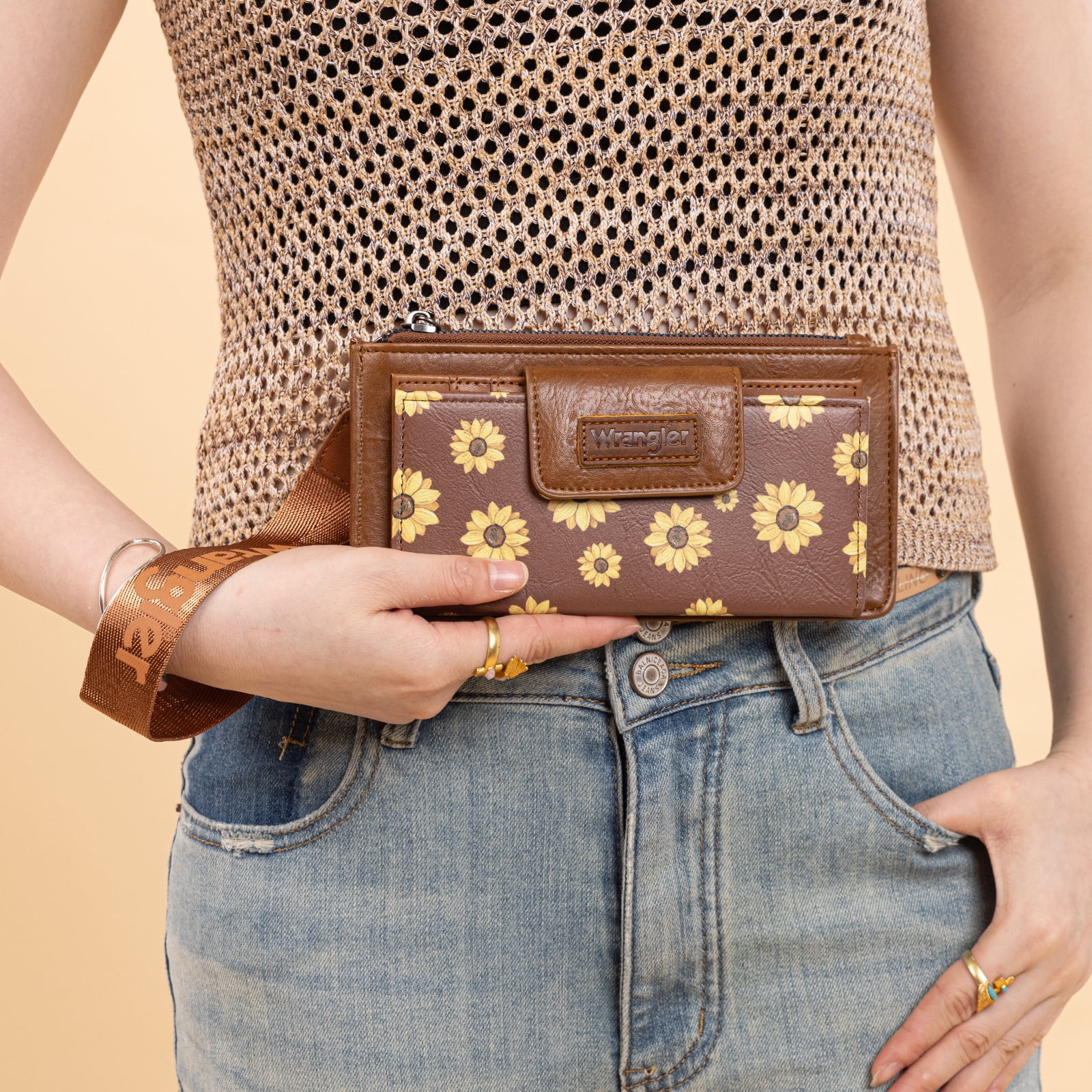 Wrangler Wallet for Women Floral Wristlet Wallets Ladies Female Large Clutch Wallets with Coin Purse and Rfid Lining, Brown