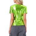 thumbnail image 3 of INSPIRE CHIC Women's Metallic Textured Short Sleeve Shiny Party Tops XS Mustard Green, 3 of 6