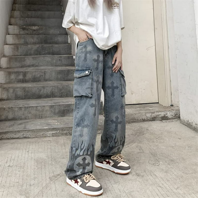 Kukuzhu Women's Wide Leg Denim Jeans Emo Alt Gothic Cross Baggy Cargo Pants  Trendy Y2K Aesthetic Vintage Grunge Streetwear Teens 