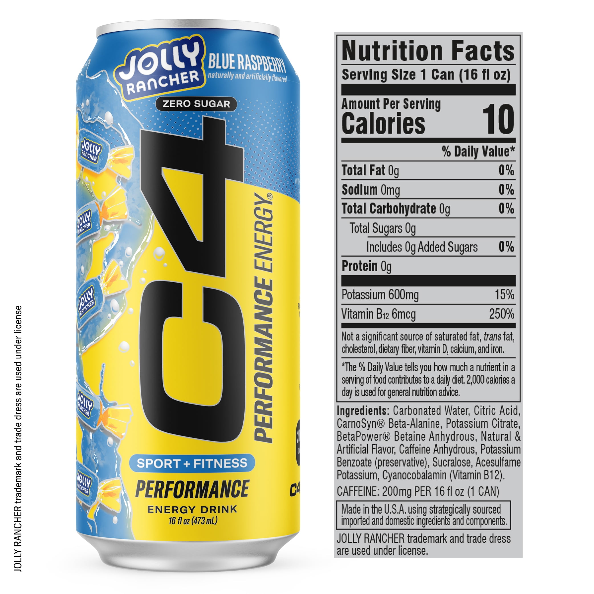 C4 Performance Energy Drink, Jolly Rancher Blue Razz Flavor, Zero Sugar, Carbonated, 16 fl oz Can (12 Pack)