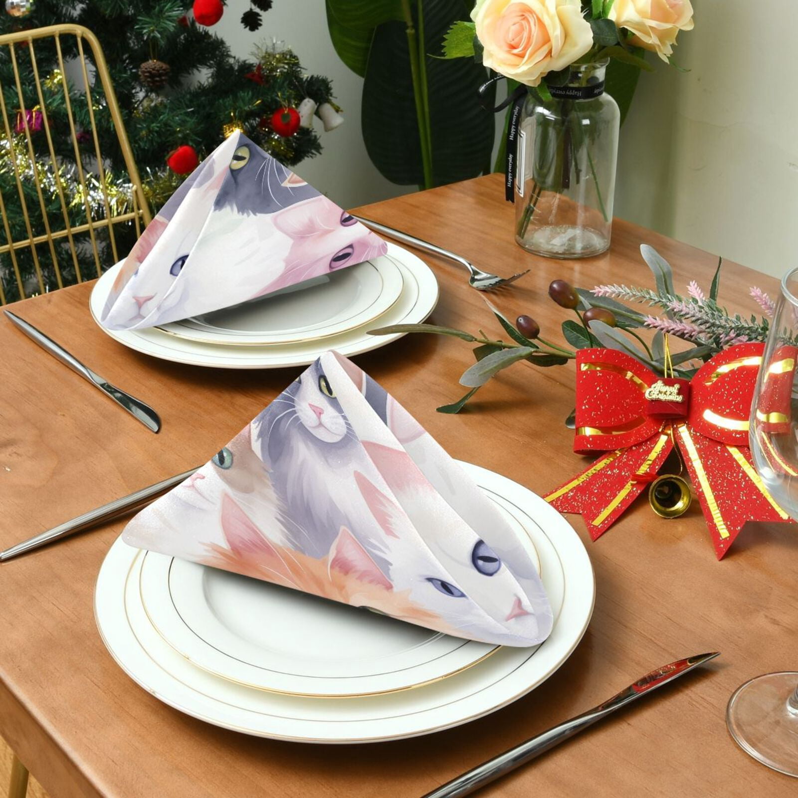 JSTEL Watercolor Cats Kitten Cloth Napkins Set of 6, 20x20 Inch Washable and Reusable Napkin for Decoupage Dinner Party Everyday Use