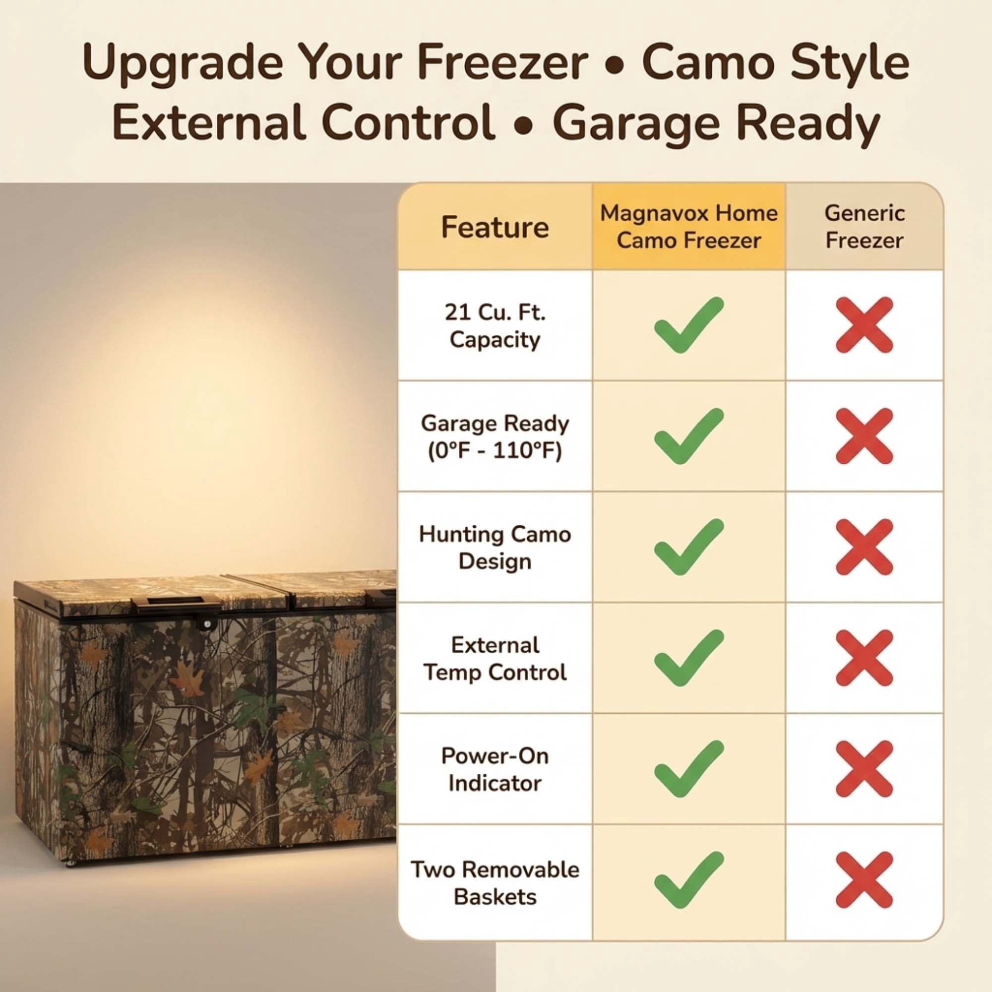 Magnavox Home 21 Cu. ft. 2-Door Chest Freezer, Garage Ready Hunting Camo Deep Freezer