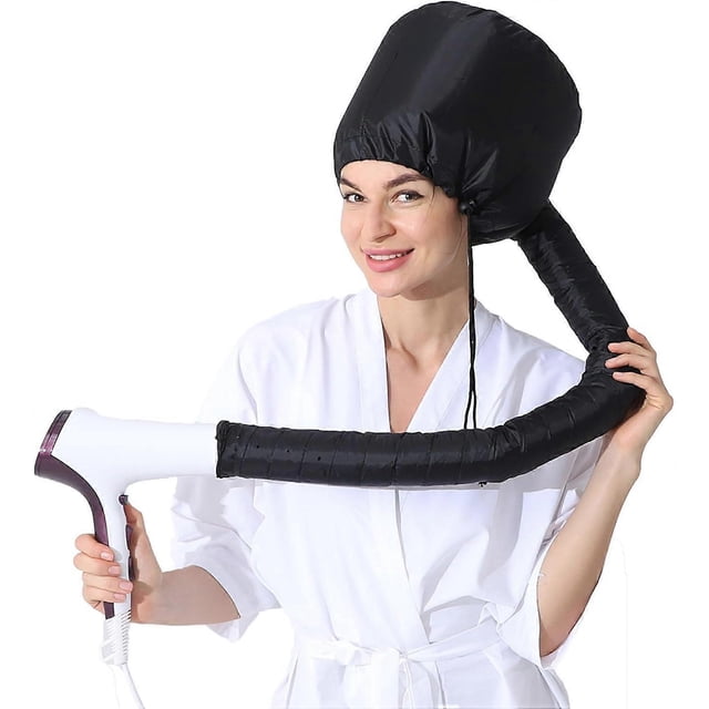 Secador de pelo con capucha ajustable, gorro de vapor portátil y suave, pinza para secar, peinar y rizar el cabello (negro)