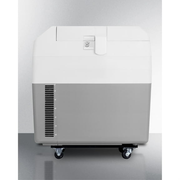 Portable 12V/24V medical cooler capable of operating at -12C or standard refrigerator temperatures, with lock and factory-installed wheels