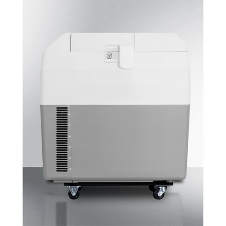Portable 12V/24V medical cooler capable of operating at -12C or standard refrigerator temperatures  with lock and factory-installed wheels