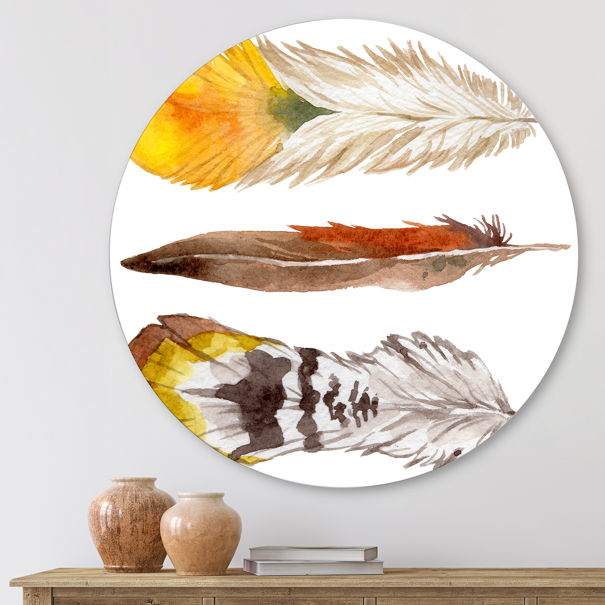 Designart 'Ethnic Yellow Feather From Wing On White' Bohemian & Eclectic Circle Metal Wall Art 23x23 - Disc of 23