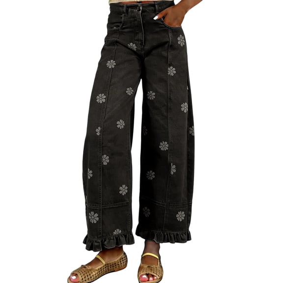 Women's Casual Baggy Floral Barrel Jeans Y2K Boyfriend High Waisted Jeans Wide Leg Denim Ankle Pants Black 2XL
