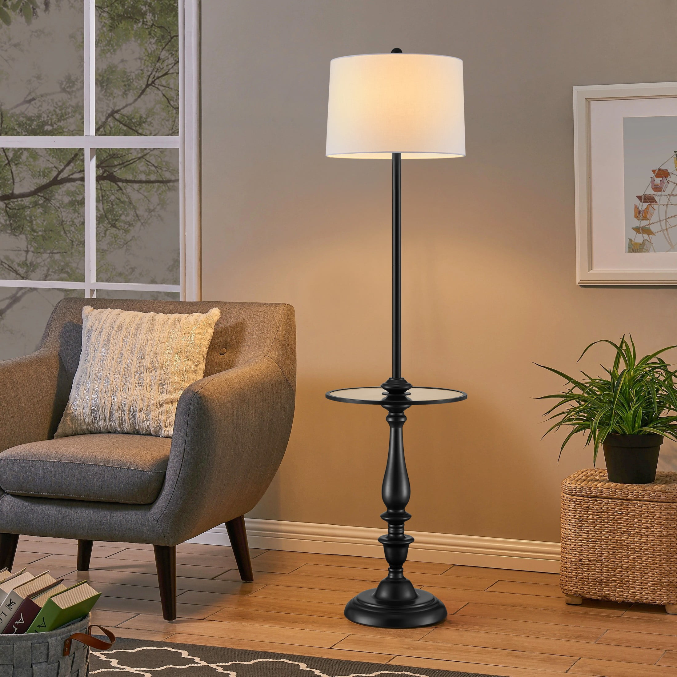 KAWOTI 61.25'' Black Floor Lamp with Table and Drum Shade for Living Room