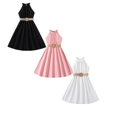 LUOGENLI 2 Pack Children Dress Solid Color Hanging Neck Waist Collection Dress Princess Dress Fashion Outwear Fourth of July Dresses for Girls 8-10 Graduation 8Y