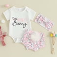 thumbnail image 2 of Infant Baby Girl Easter Outfits Short Sleeve Romper Bunny Onesie + Pompom Shorts Bloomers + Headband 3Pcs (Pink, 6-12 Months), 2 of 9