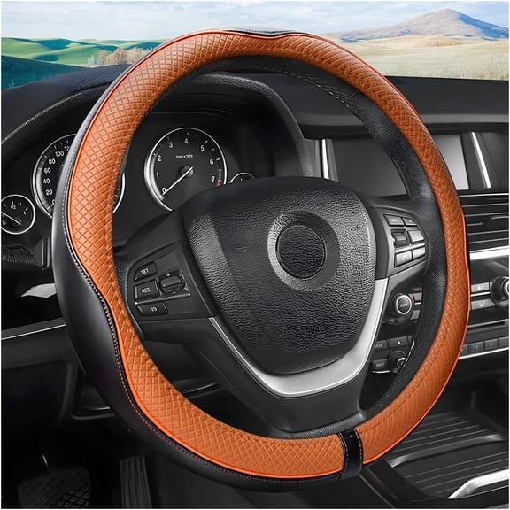 Leather Steering Wheel Cover, Soft Breathable Anti Slip, Universal Fit 15 Inch Car, Truck, SUV (Black/Orange)