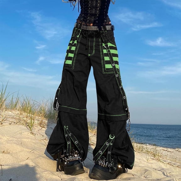 Karymi Wide Leg Pants Woman Wide Leg Cargo Pants, Mesh Panel Strap Chain Decor Long Trousers with D-Ring Straps, Adjustable Cuff Pants with Multi Pockets Womens Shorts