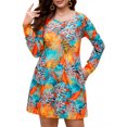 thumbnail image 3 of FlorCurve Women's Long Sleeve Casual Dress Loose Beach Vacation Dresses with Pockets, Feather Print Blue 2XL, 3 of 8