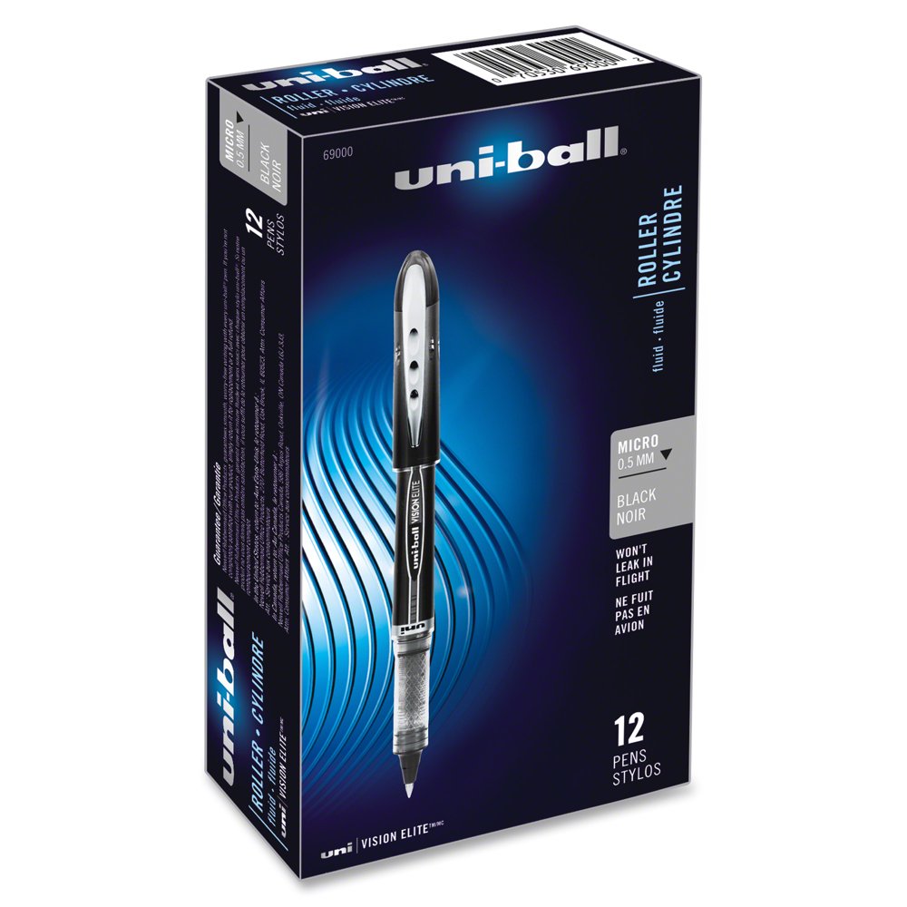 UniBall Vision Elite Rollerball Pens, Micro Point (0.5mm), Black, 12 Count