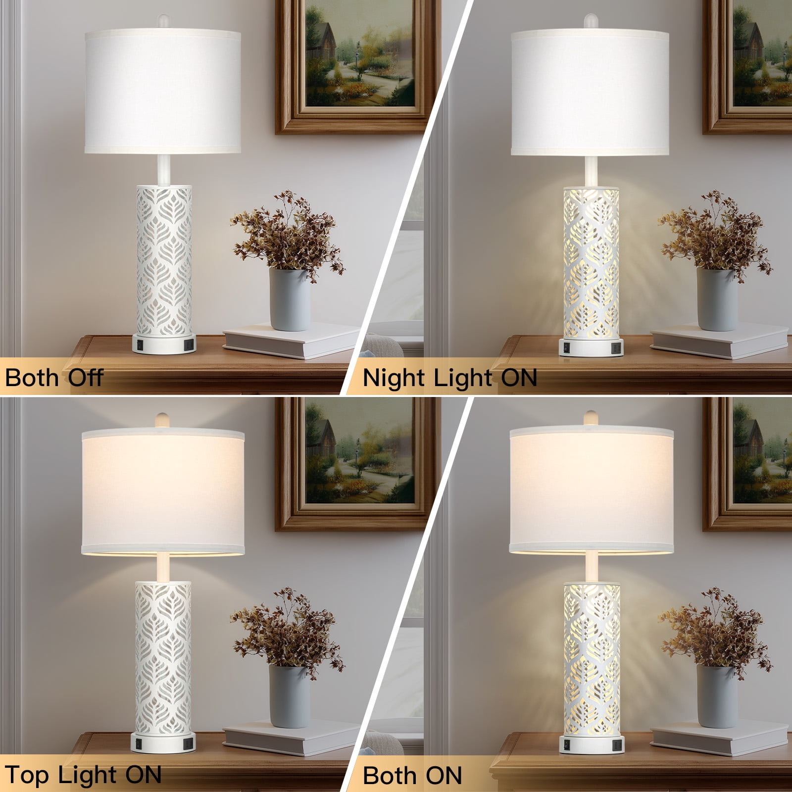 Lolikit 27"Table Lamp Set of 2 Modern Farmhouse Nightstand Bedside Lamp for Living Room Bedroom with USB A+C Ports
