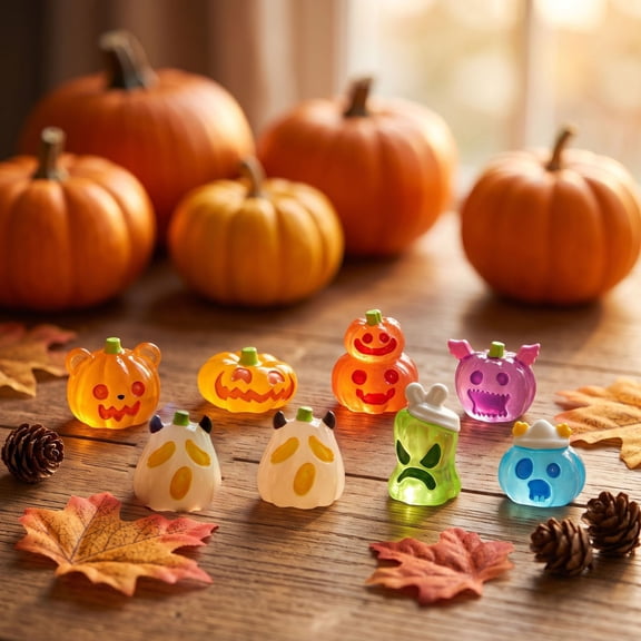 7 Pcs Halloween Pumpkin Ornament, Creative Resin Pumpkin Figurines with Hanging Loop, Spooky Desktop Decor for Home Porch Party, Holiday Gift