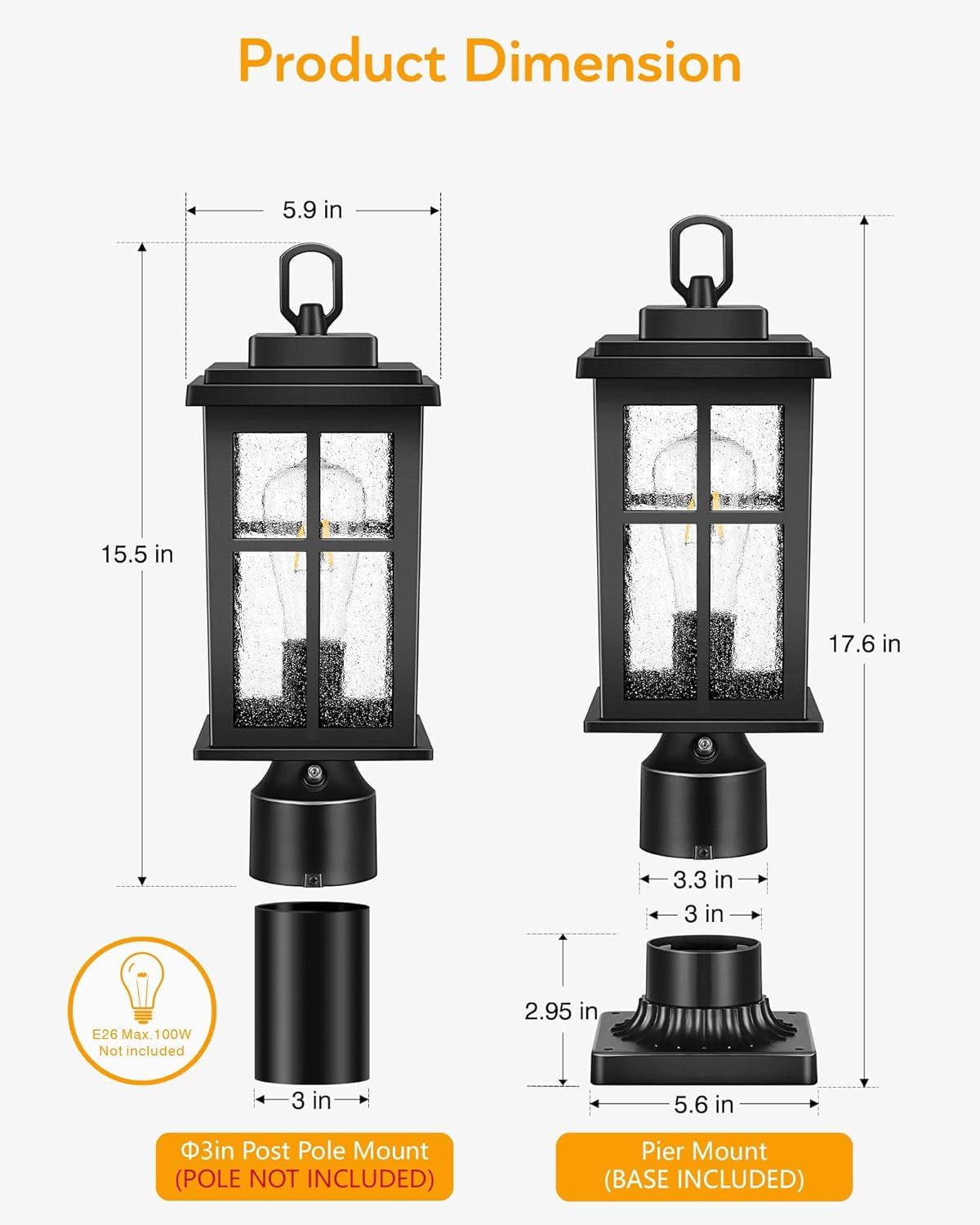 VIANIS Hardwired Dusk to Dawn Outdoor Post Light, Black Outdoor Lamp Post Light Fixture with Pier Mount Base, Modern Waterproof 3 inch Exterior Post Lantern with E26 Base for Garden Patio