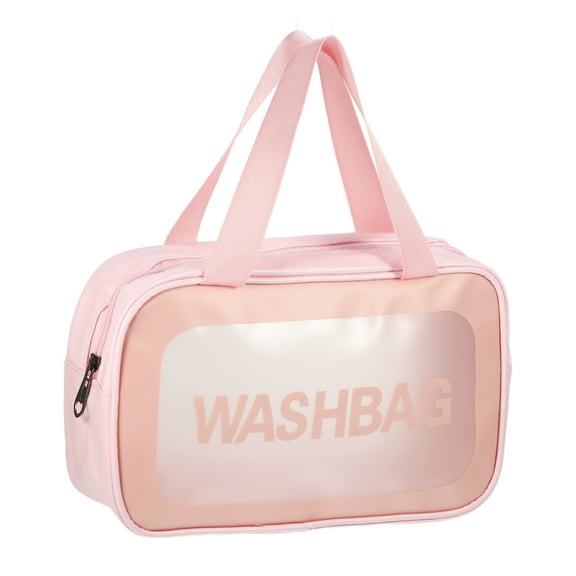 Unique Bargains Women Portable Double-Hand Carry Makeup Bag for Vacation Camping Travel PU Leather Pink