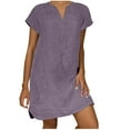thumbnail image 3 of Xunlbb Women's Dresses Fashion Loose V-Neck Summer Solid Short Sleeve Cotton And Linen Dress Fit for Boho Necklace Casual Outfit Vacation Beach Sundress Plus Size, 3 of 7