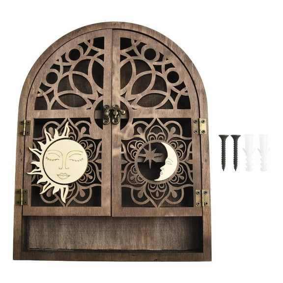 Wuweikeji Sun and Moon Wood Shelf for Crystal Display, Gothic Witchy Decor Stand, Unique Opening Door Design, Tabletop Storage Rack, 11x8.7x1.2 inch