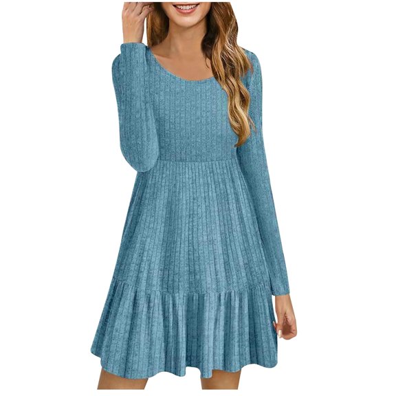 Ersazi Long Dresses for Women Casual Women Round-Neck Solid Color Temperament Long Sleeve Outerwear Blazer Dress Blue Xxl