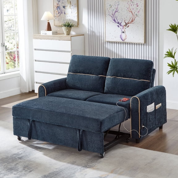 3 in 1 Pull Out Sleeper Sofa Bed with USB Charging Station and 4 Side Pockets, 58" Chenille Convertible Loveseat Sleeper Couch with Adjustable 3 -Position Backrest for Living Room, Apartment, Blue