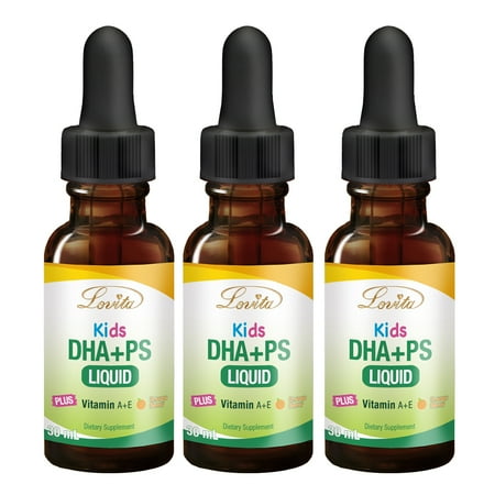 Lovita Kids DHA + PS Liquid: DHA, Phosphatidylserine, Vitamin A & Vitamin E, for Infants and Kids, Natural Orange Flavor, 1 Fluid Ounce (2 Month Supply) (Pack of 3)