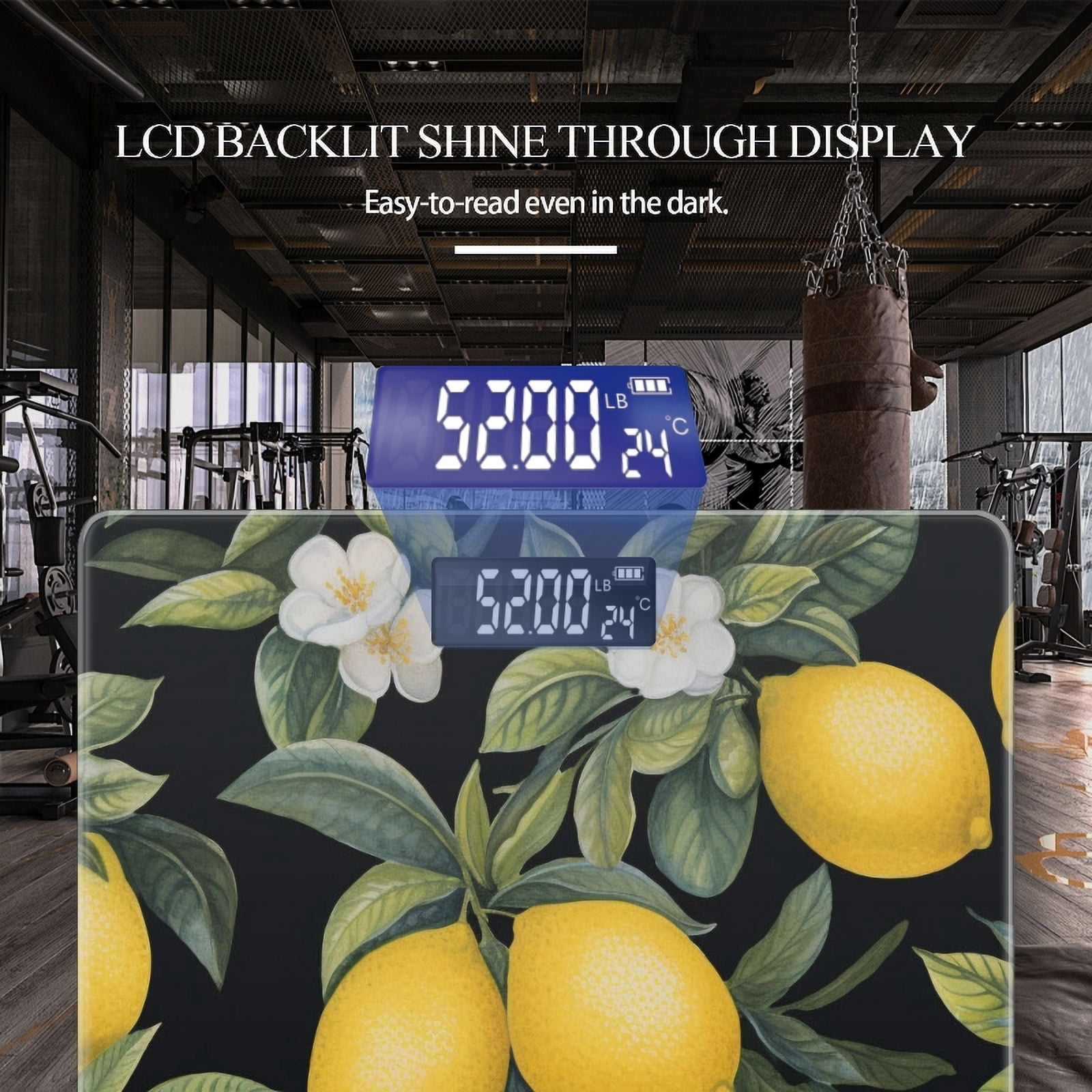 High Precision Body Weight Scale Smart Bathroom Scales with Large LCD Display(400lbs),Decorative for Bedroom-Lemon Tree With Lemons And White Flowers On A Black Background