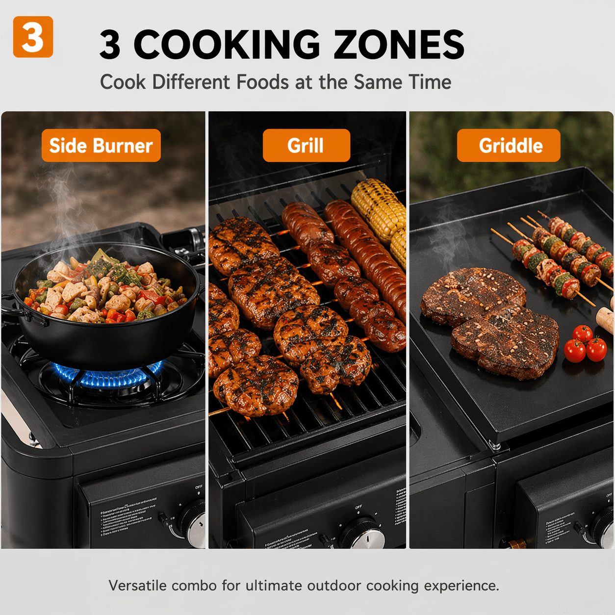 Multifunctional  Gas Grill Combo, Outdoor Propane Griddle with Cover, 5-Burner Propane Gas BBQ Grill with Side Burner, Cast Iron Grid, Storage Shelf, on Wheels