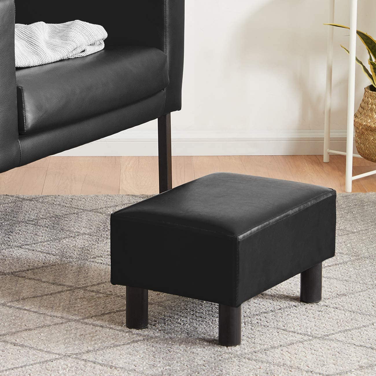 Footstool Pouffe Black Faux Leather.// Black Leather Small Stool Ottoman 