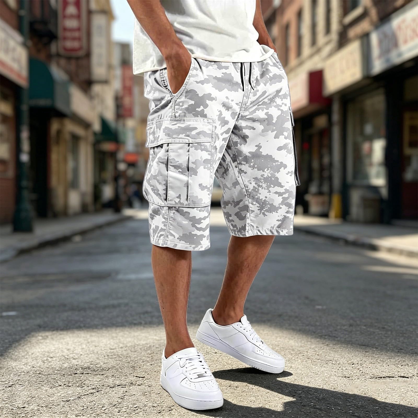 Zimjoy Men's Camo Print Drawstring Cargo Shorts Knee Length Multi