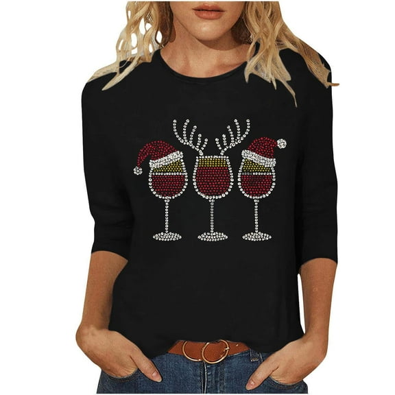 Women's Christmas Clothes Sparkly Tops Rhinestones Studded Trendy Crew Neck 3/4 Sleeve Tee Shirt Casual Tshirts (XL, Black)