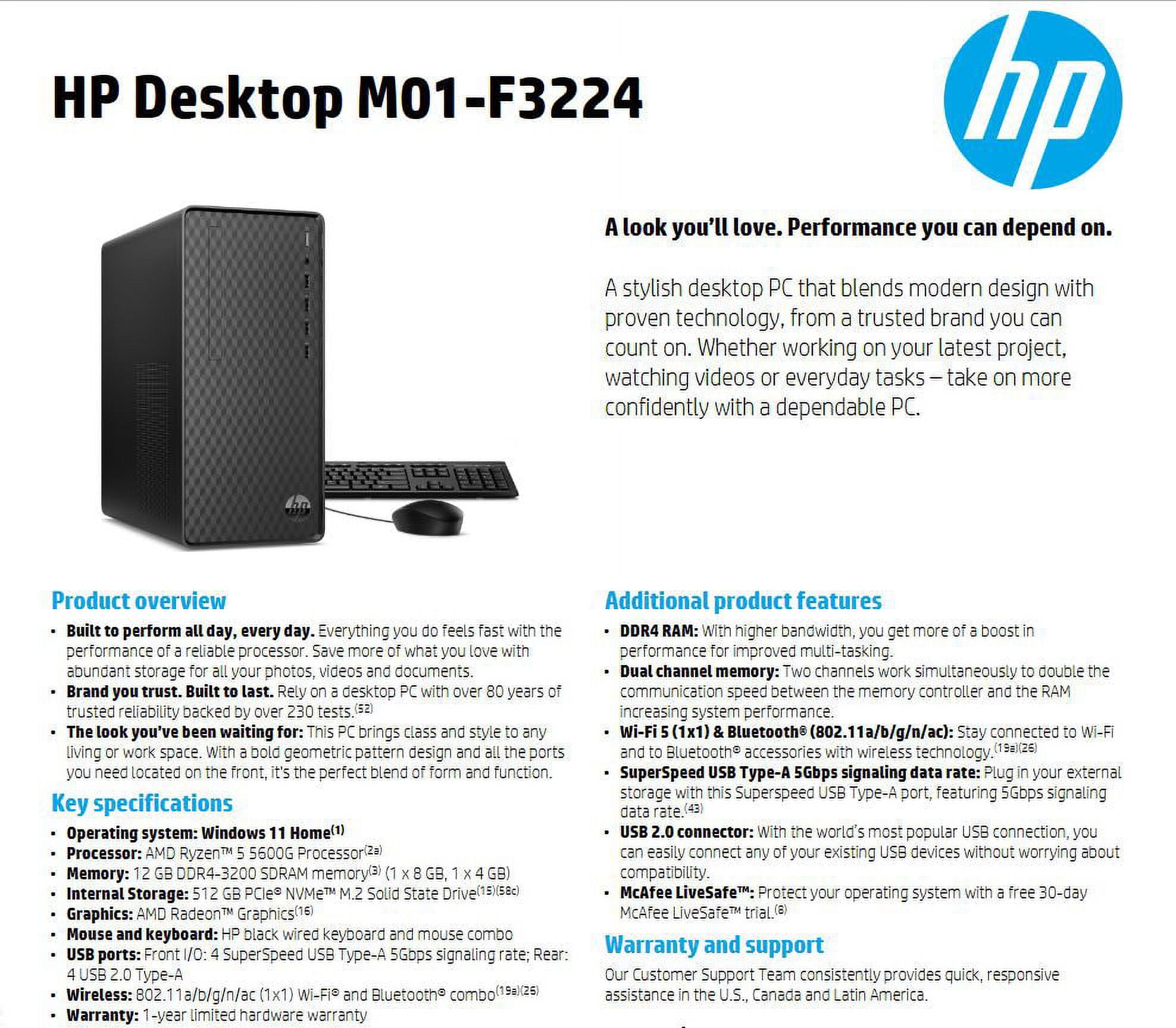 HP Desktop AMD Ryzen 5 12GB Memory 512GB SSD Dark Black M01-F3224