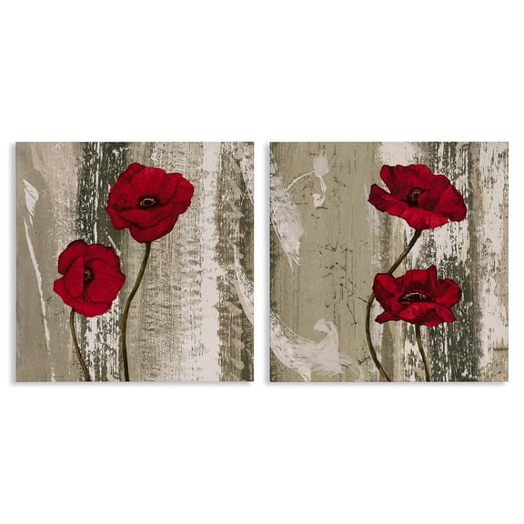 Stupell Industries Bright Red Blooms on Rustic Landscape & Nature Painting Wrapped Canvas Art Print Wall Art, 17 x 17, Set of 2