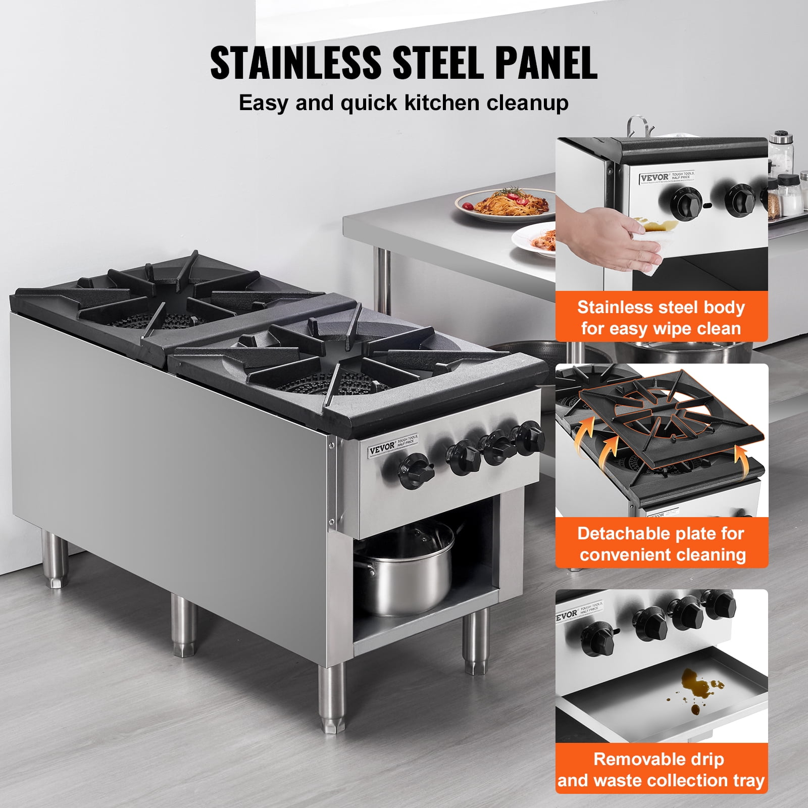 VEVOR Commercial Gas Stove with 2 Burners, Propane and Natural Gas Countertop Cooking Stove Range, Stainless Steel Gas Hot Plate, Commercial Cooking Equipment for Restaurant, 180,000 BTU