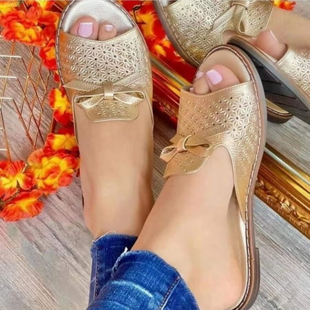

absuyy Womens Slide Sandals- New Style Open Toe Bowknot Hollow Casual Beach Summer Flat Slide Sandals #756 Gold-5.5