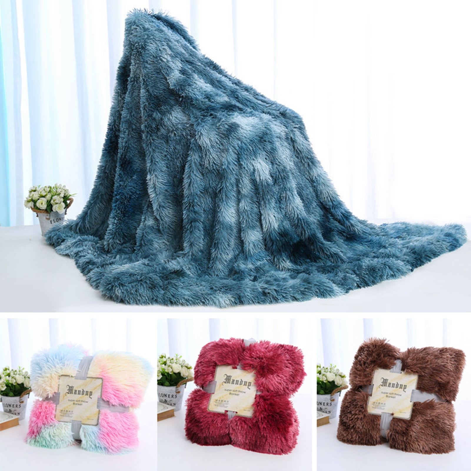 Faux Fur Throw Blanket, Tie Dye Fluffy Blanket, Super Soft Rainbow
