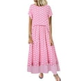 thumbnail image 2 of Women's Polka Dot Round Neck Short Sleeve Linen Maxi Dress Casual Summer Dress with Shawl Plus Size Lightweight Comfortable Daily Wear, 2 of 8