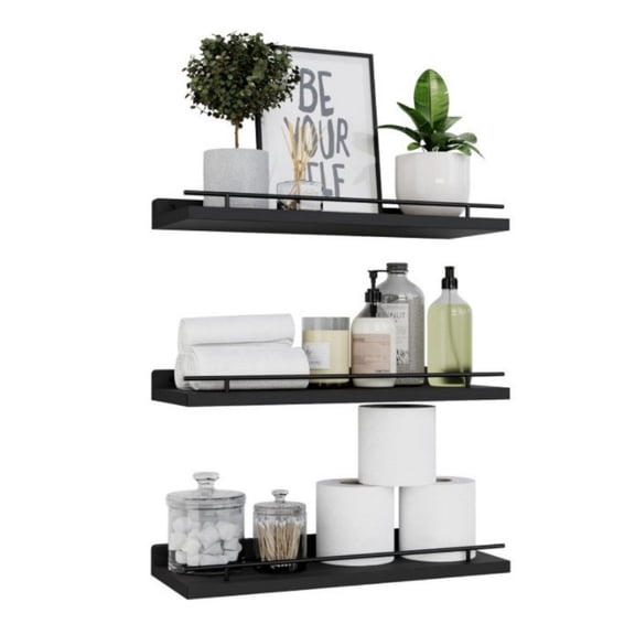 LSFA Set of 3 Floating Wall Shelves with Safety Black Metal Guardrail, Rustic Wood Wall Mounted Storage for Bathroom, Kitchen, Bedroom Decor
