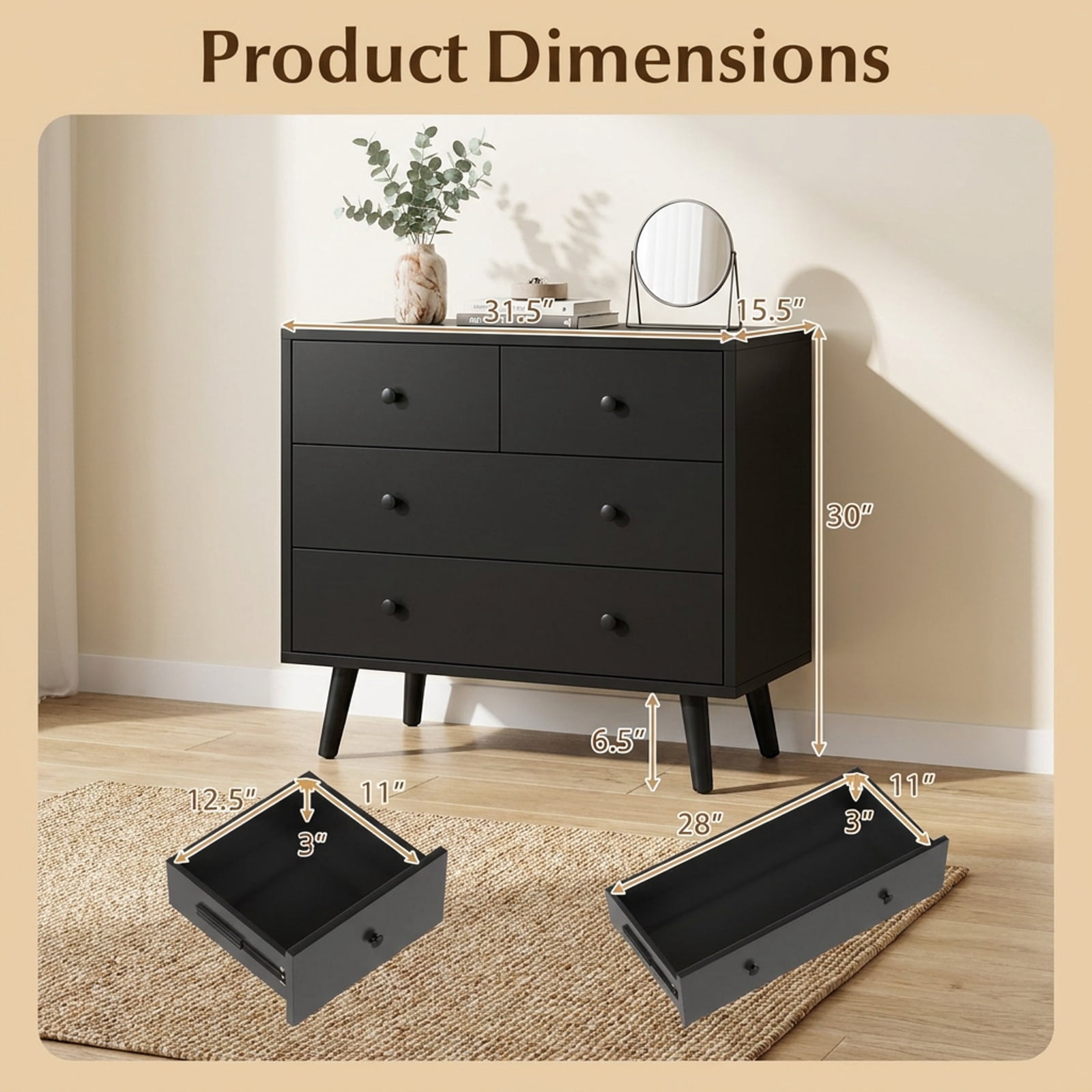 Furnibear Wide Wooden Dresser with 4 Drawers for Bedroom Living Room for Bedroom Closet Living Room Nursery Clothes Storage, Black