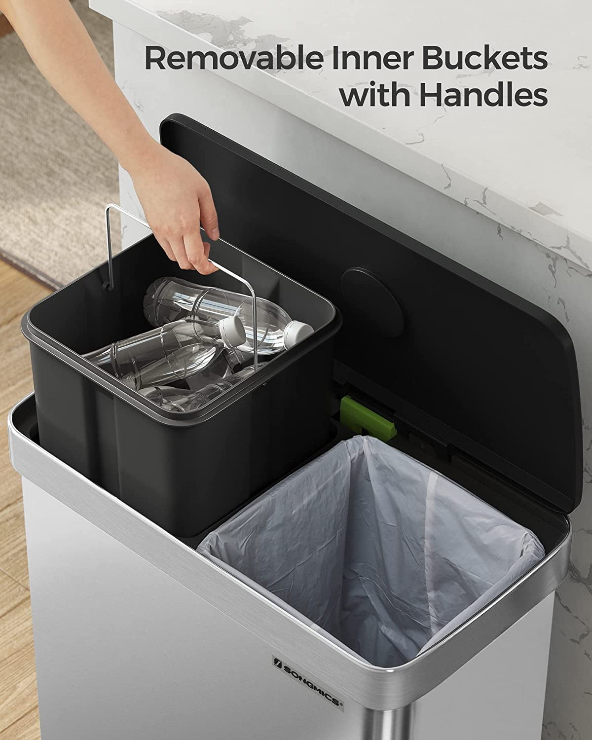 Kitchen Trash Can 60L Dual Compartment Stainless Steel Garbage Can with 15 Trash Bags Silver Count