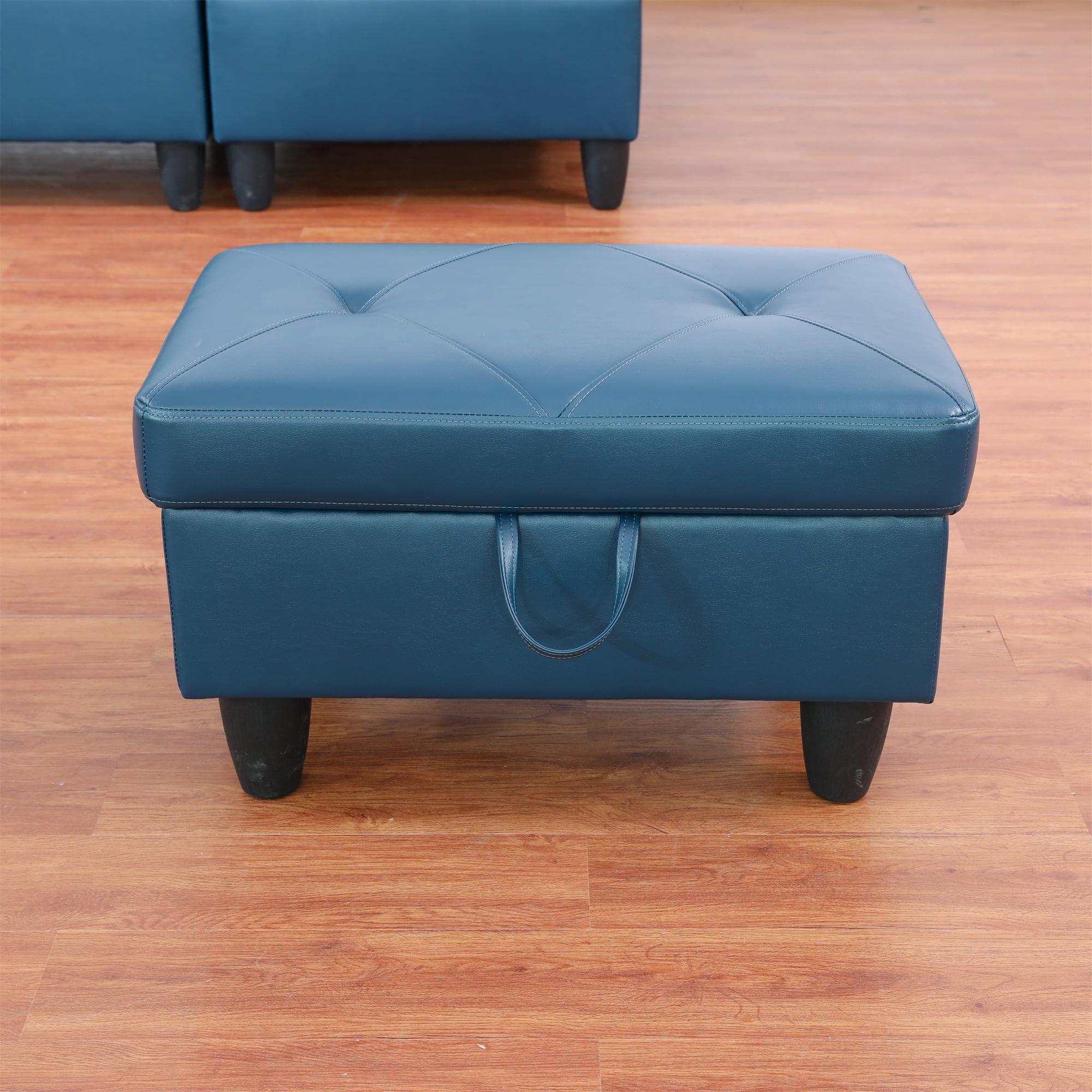 Aukfa 29" Storage Ottoman Bench for Sectional Sofa for Home Office, Lift Top , Leather, Blue