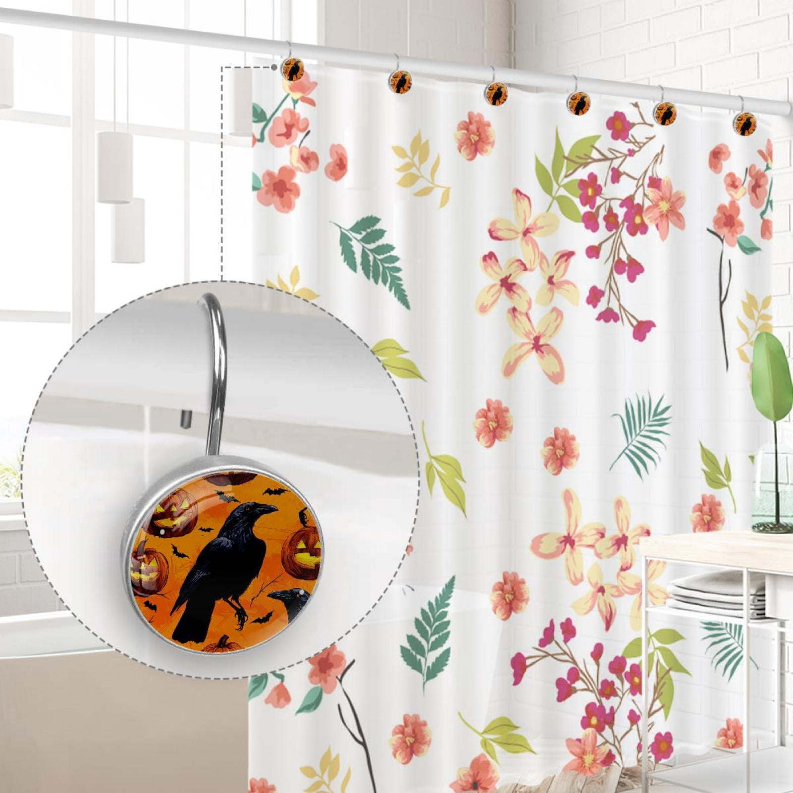 Flying Bat Crow Pumpkin Shower Curtain Hooks Round Crystal Glass, Set of 12 Shower Curtain Rings - Shower Hooks for Curtain Shower Rings