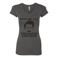 thumbnail image 2 of Parks and Recreations Give Me All The Bacon and Eggs Pop Female Junior Fit V-Neck Tee, Dark Grey, Large, 2 of 3