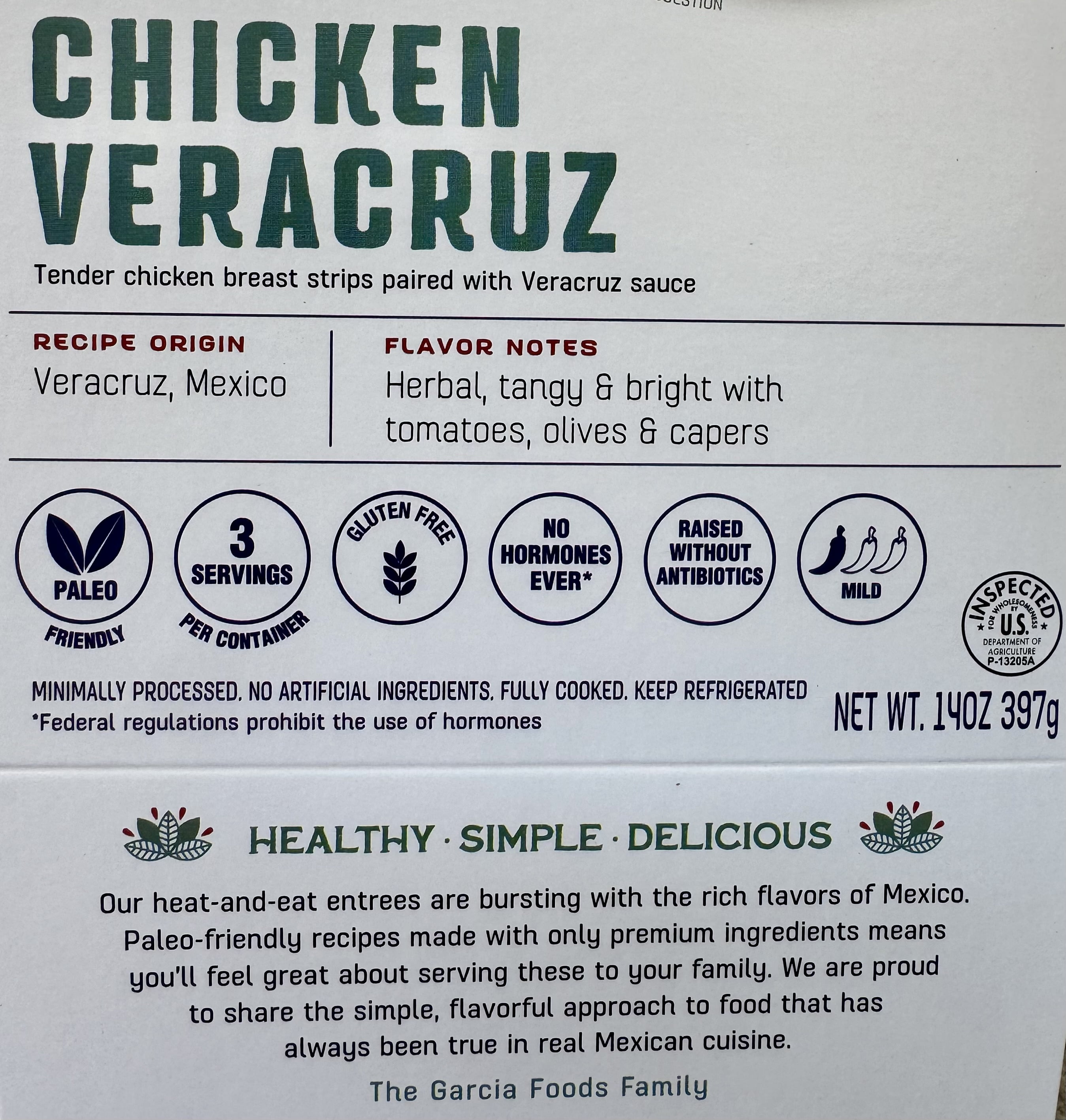Garcia Foods Chicken Veracruz, Fully Cooked Refrigerated Entree, 14 oz Serves 3