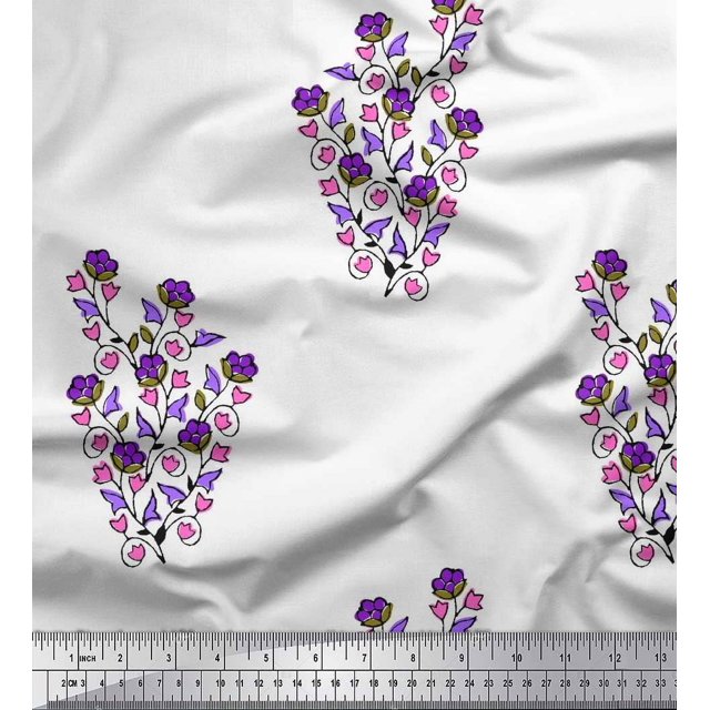 Soimoi Polyester Crepe Fabric Leaves & Floral Block Printed Craft Fabric by The Yard 52 Inch Wide