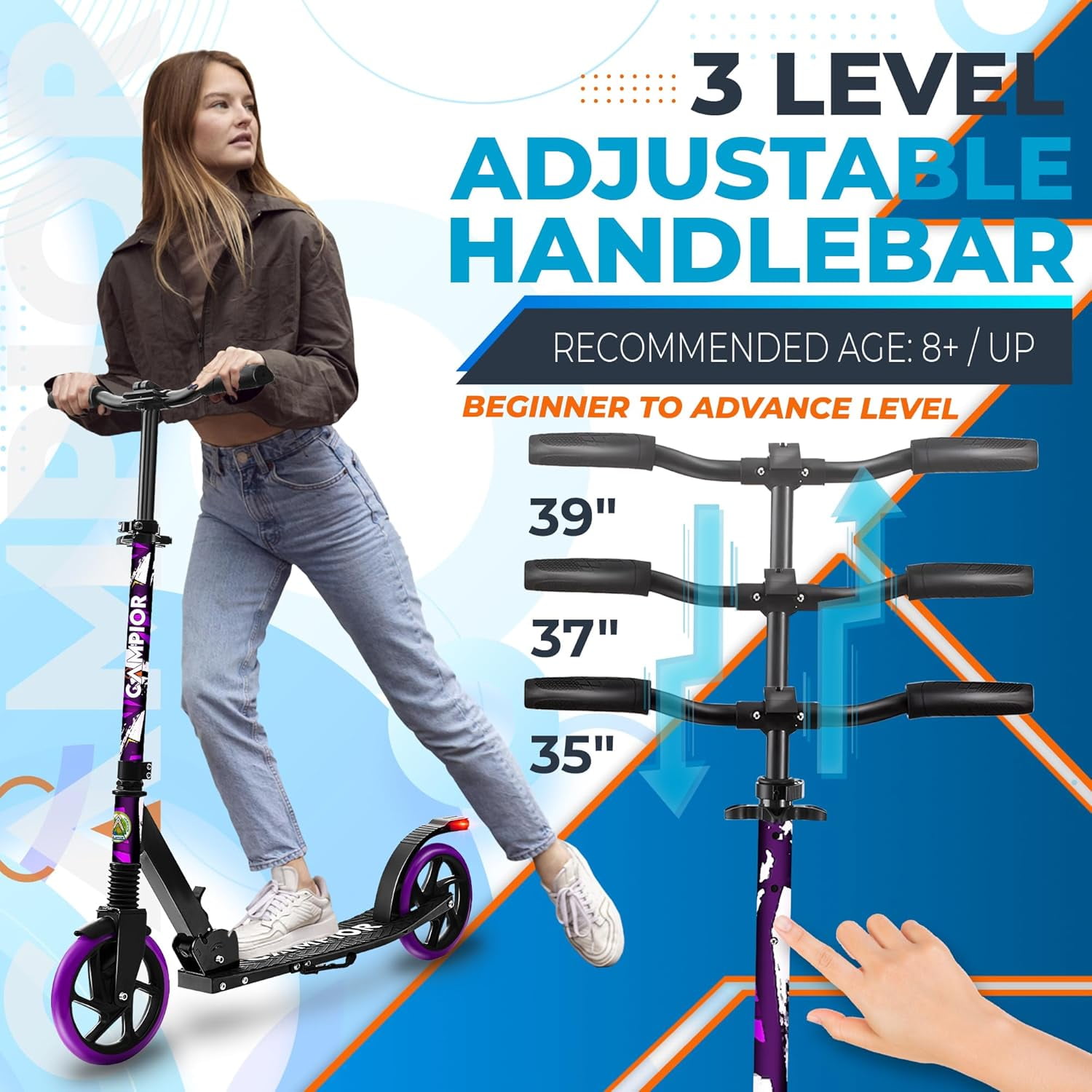 Campior Kick Scooter for Ages 6+, For Kids, Teens, and Adults, Max Load 240 LBS, Foldable, 8-inch Big Wheels for Kids and Adults, With Kickstand, 3 Adjustable Levels, Child Safety Approved, Purple