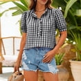 thumbnail image 2 of Ruimatai Womens Gingham Ruffle Trim V Neck Puff Short Sleeve Blouse Casual Loose Fit Tops for Daily Wear Office Vacation, 2 of 8