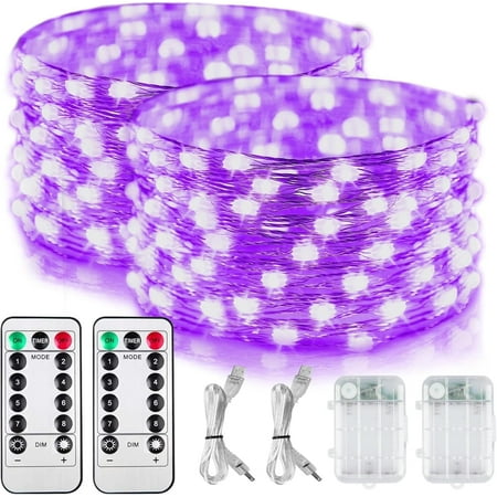 2 Pack Battery Operated UV Blacklight 16.4ft 2835 LED UV Lamp Beads 8 Modes Flexible Black Lights Fixtures Fairy String Lights with Remote for Fluorescent Party Stage Body Paint Halloween Décor